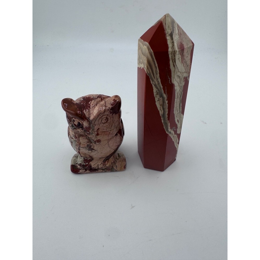 Red Jasper Crystal Set Hand Carved Owl Figurine and Polished Tower Point 2pc